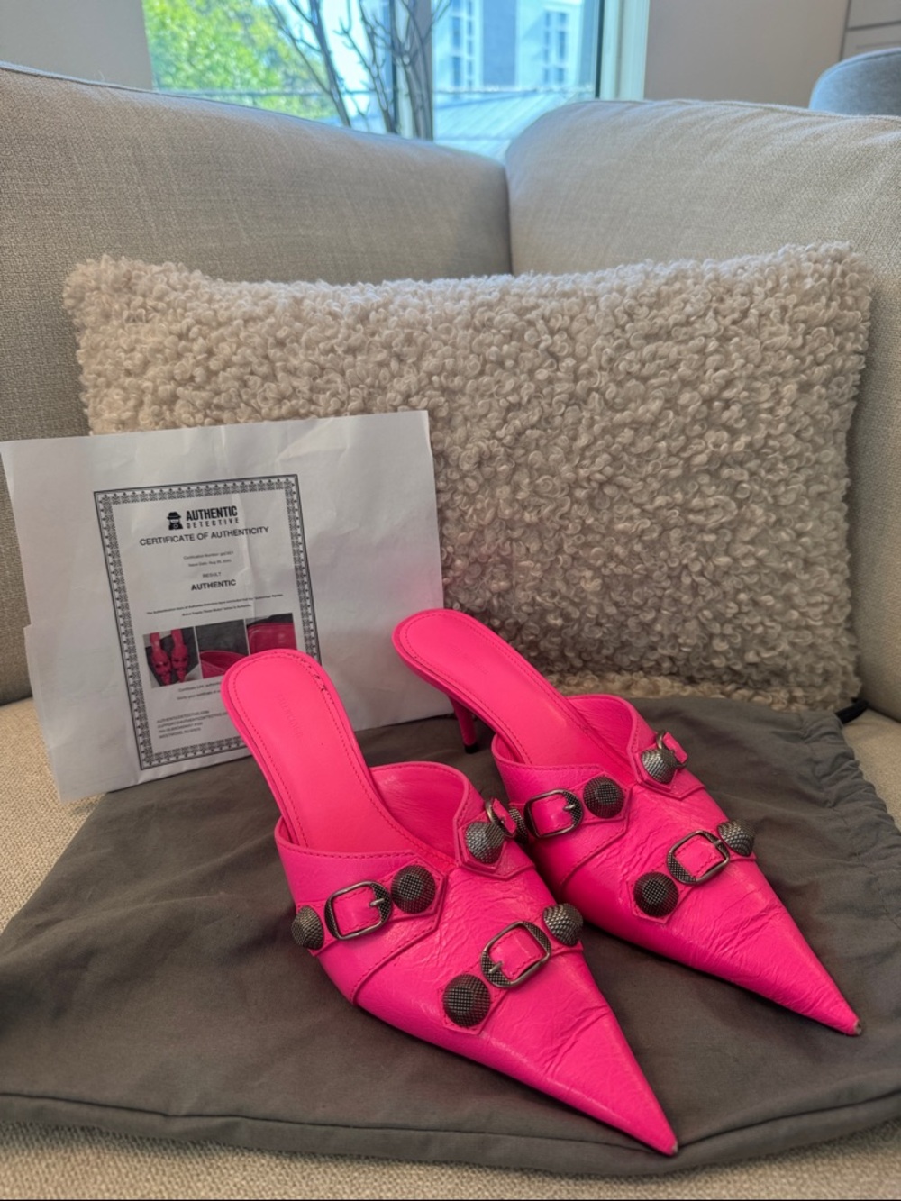 Balenciaga Hot Pink Knife Mule Heels Giant Stud Hardware Pumps 37.5 with COA
